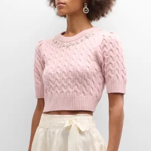 LoveShackFancy Pink Cable-Knit Cropped Sweater with Pearl Embellishment - Picture 3 of 3